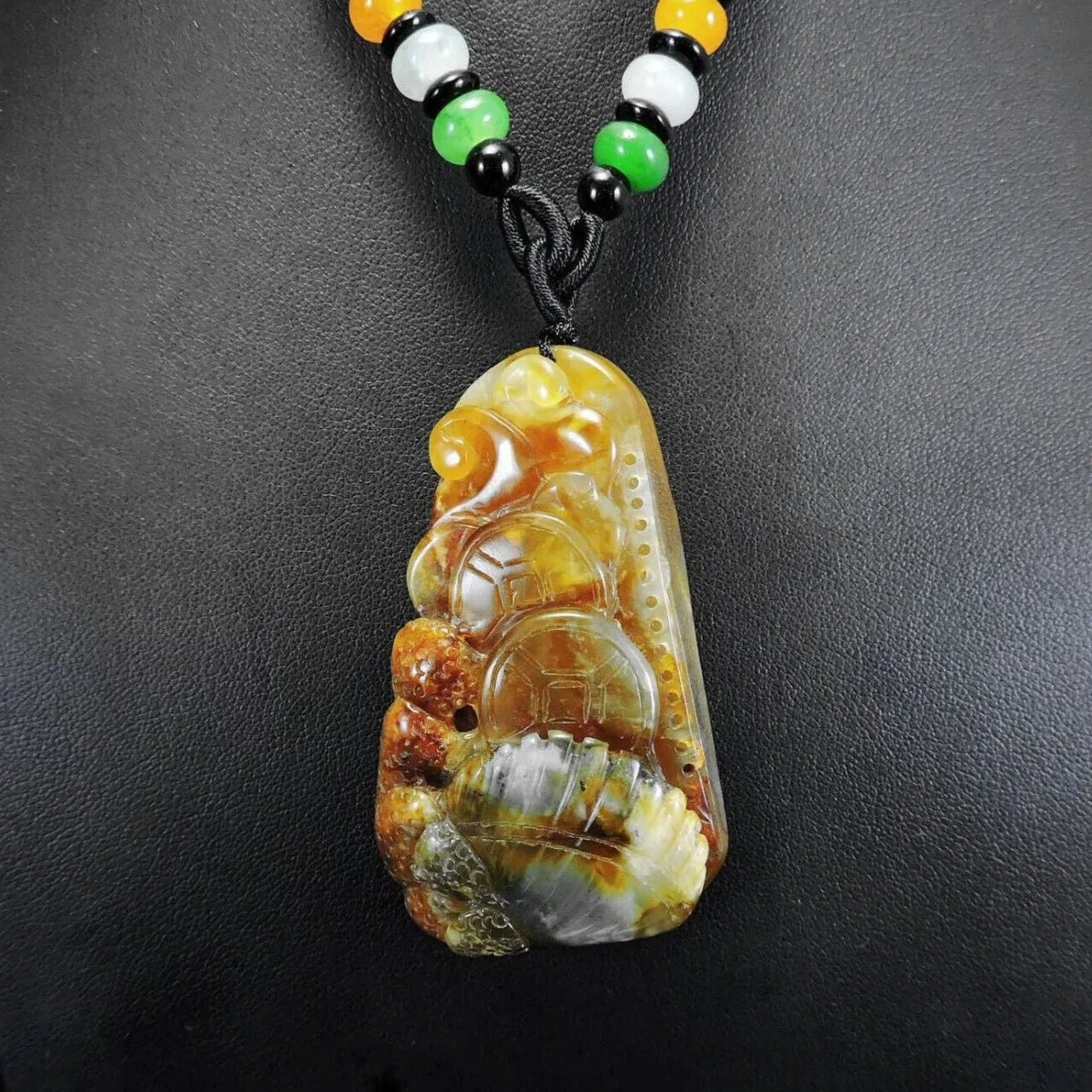 100% Natural Hand-Carved Jade Pendant Jadeite Necklace Coral & Seashell & Ruyi