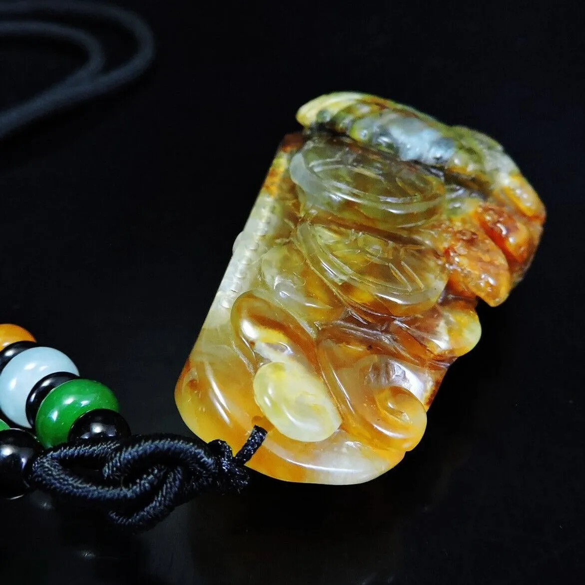 100% Natural Hand-Carved Jade Pendant Jadeite Necklace Coral & Seashell & Ruyi