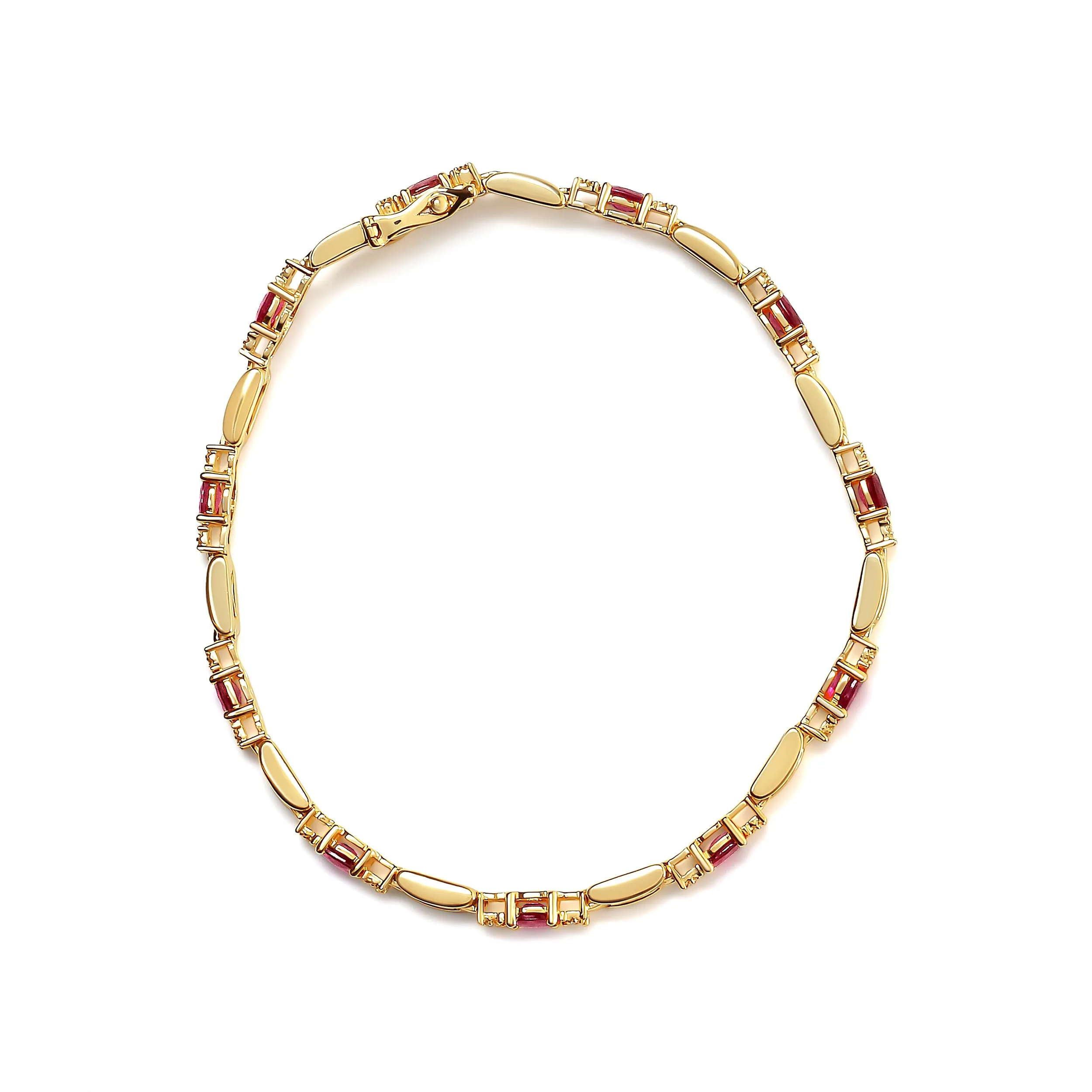 10K Yellow Gold Oval Ruby and 1/10 Cttw Diamond Bar Prong Set Bracelet