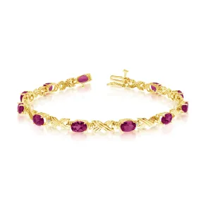 10K Yellow Gold Oval Ruby Stones And Diamonds Tennis Bracelet, 7"