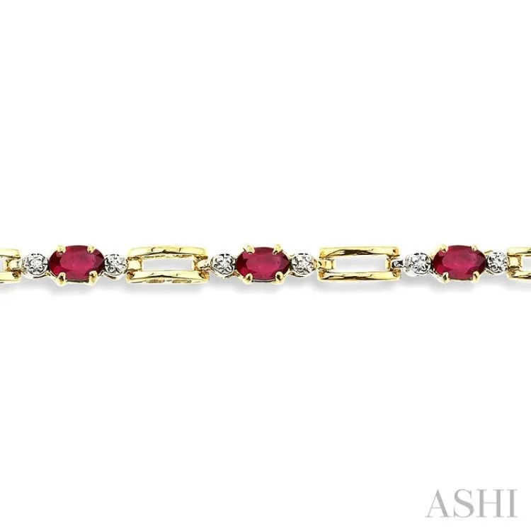 1/10 Ctw Round Cut Diamond & 5x3 MM Oval Cut Ruby Precious  Bracelet in 10K Yellow Gold