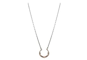 14k Rose Gold and Grey rhodium finish Sterling Silver crescent necklace with crivelli, morganite, and 0.32TCW round brilliant champagne diamonds. With toggle closure. Adjustable at 15.5", 16.5" and 17.5." Pendant measurement 25mmx6mm.