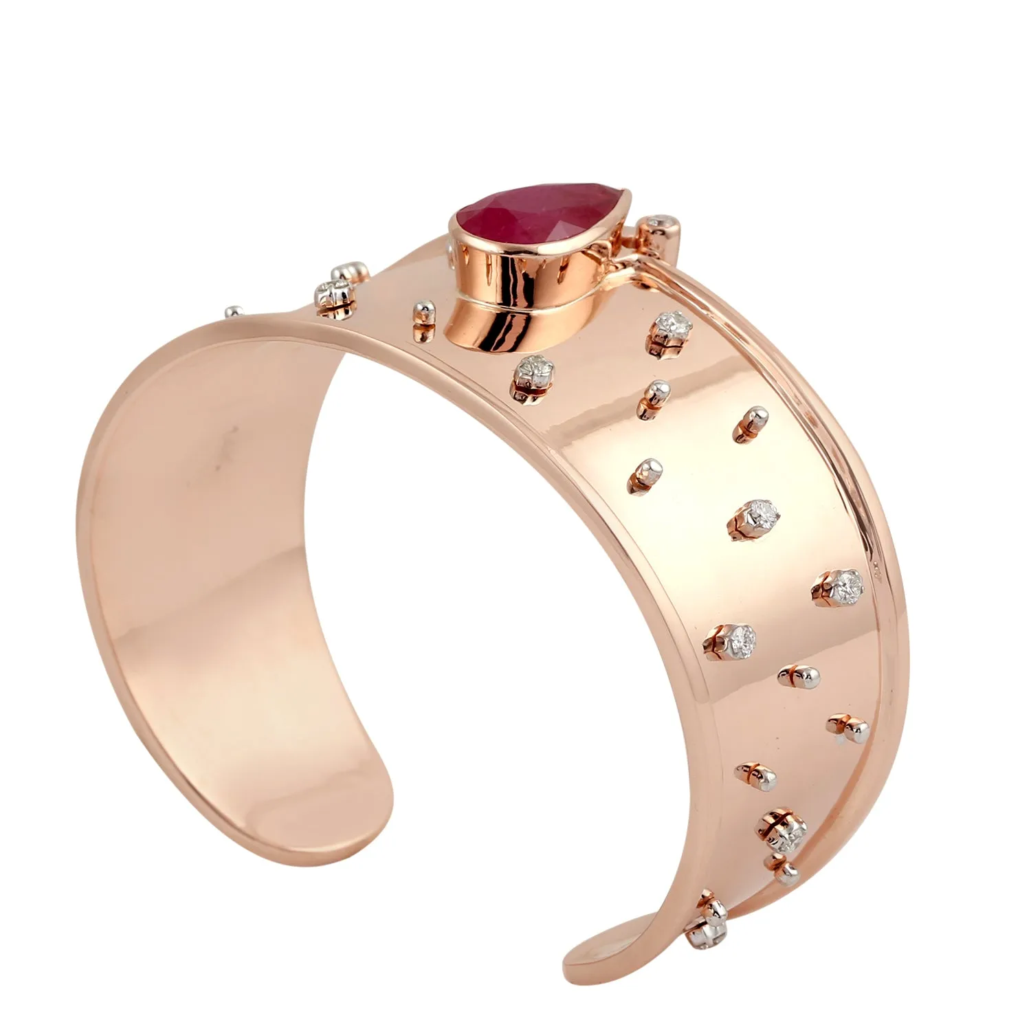 14K Rose Gold Pear Cut Ruby July Birthstone Bezel Set Diamond Designer Cuff Bracelet