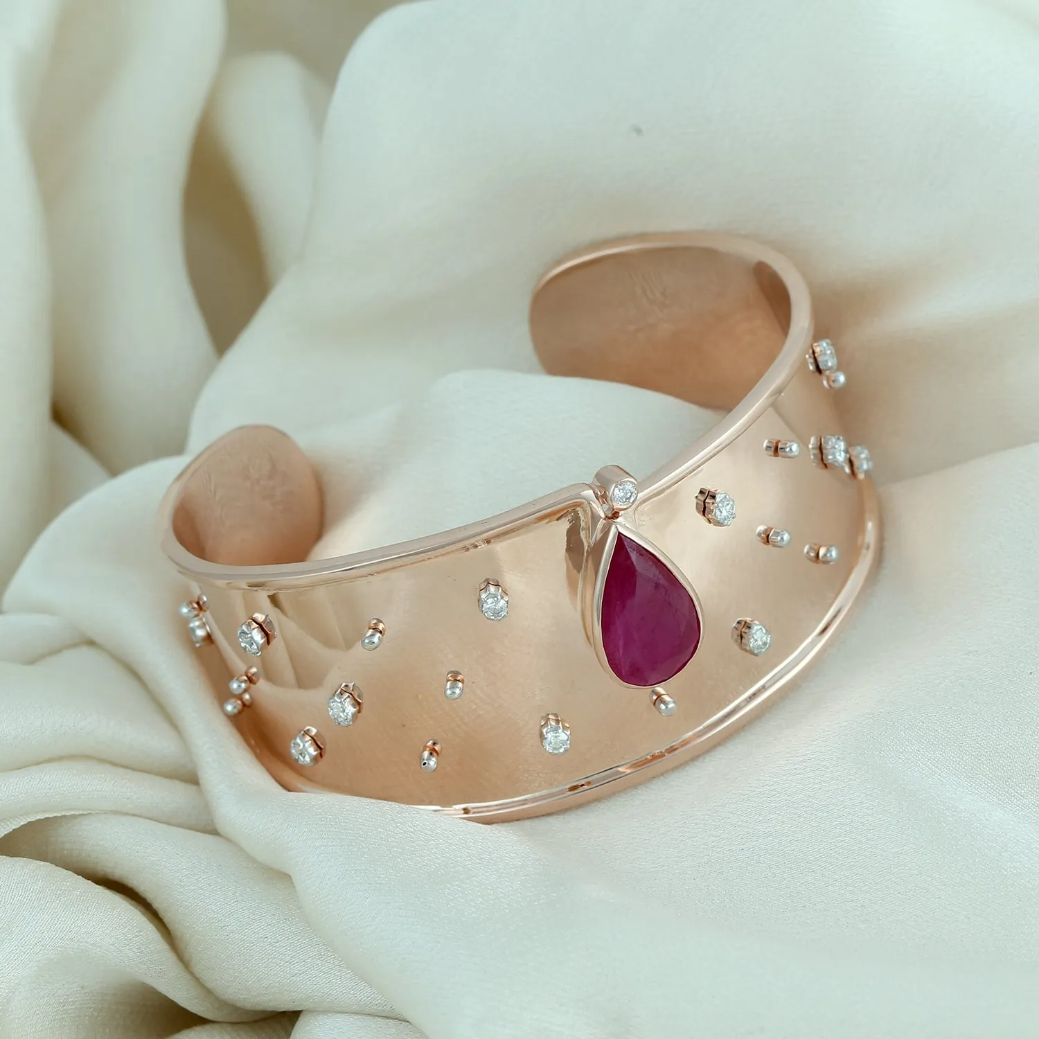 14K Rose Gold Pear Cut Ruby July Birthstone Bezel Set Diamond Designer Cuff Bracelet