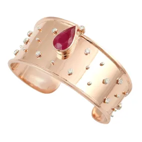 14K Rose Gold Pear Cut Ruby July Birthstone Bezel Set Diamond Designer Cuff Bracelet