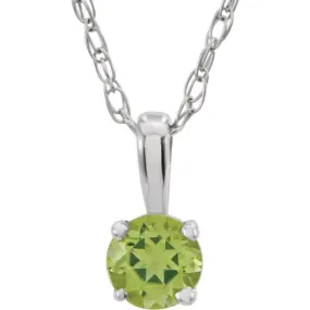 14K White 3 mm Natural Peridot Youth Solitaire 14" Necklace