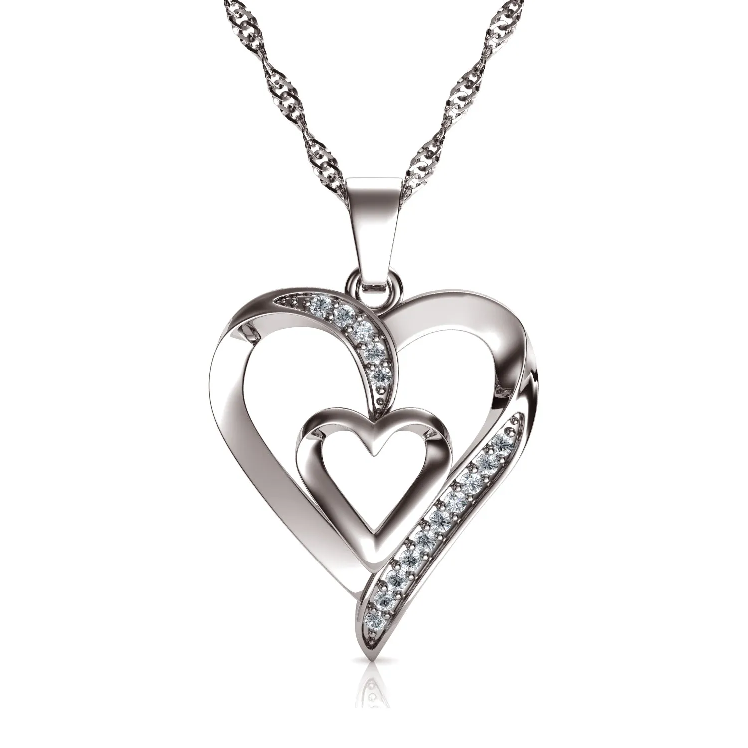 14k white gold double heart necklace - Zirconia Crystals by DEPHINI