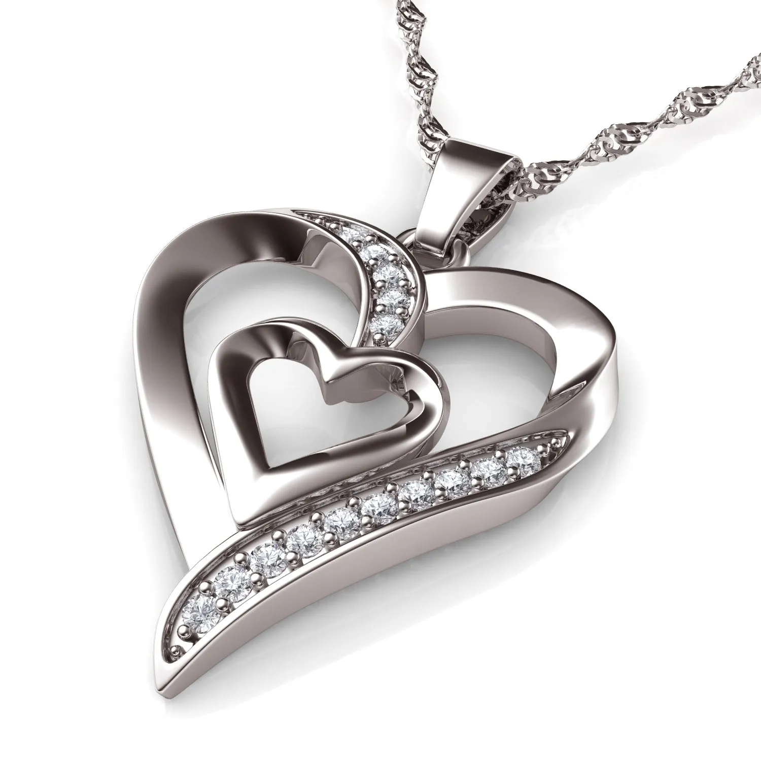 14k white gold double heart necklace - Zirconia Crystals by DEPHINI