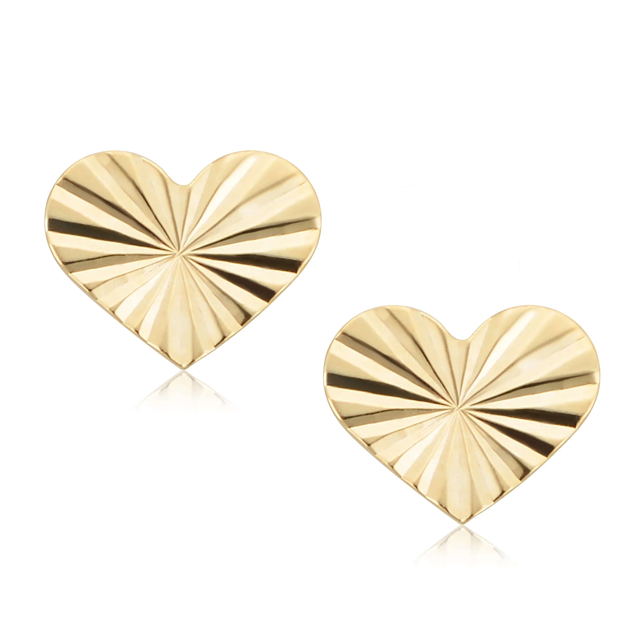 14k Yellow Gold Diamond-Cut Heart Stud Earrings Minimalist Jewelry For Women