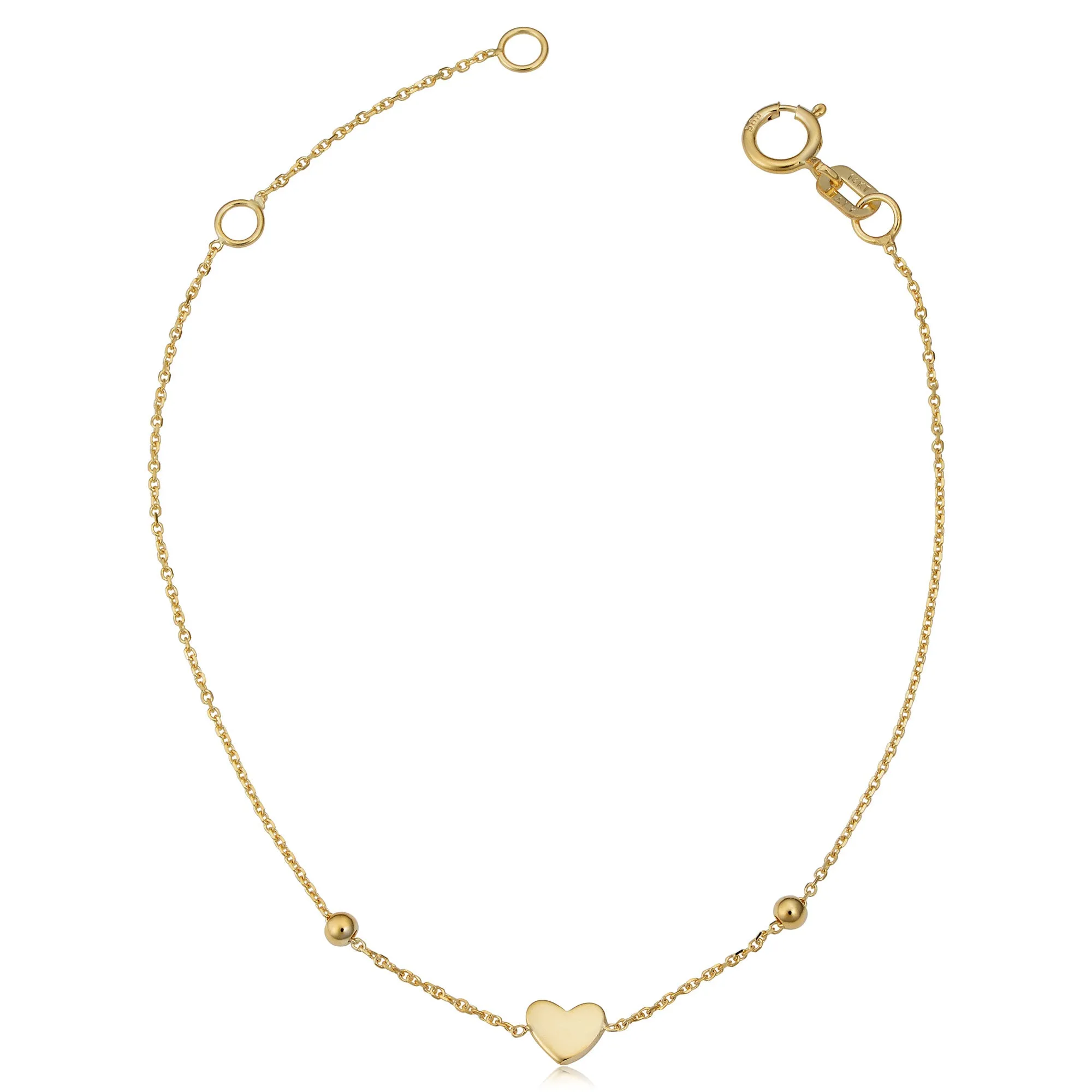 14k Yellow Gold Heart And Bead Adjustable Baby Bracelet, 6.5"