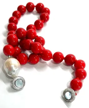 14mm Red Coral & Baroque Pearl Gemstone Statement Necklace 18"