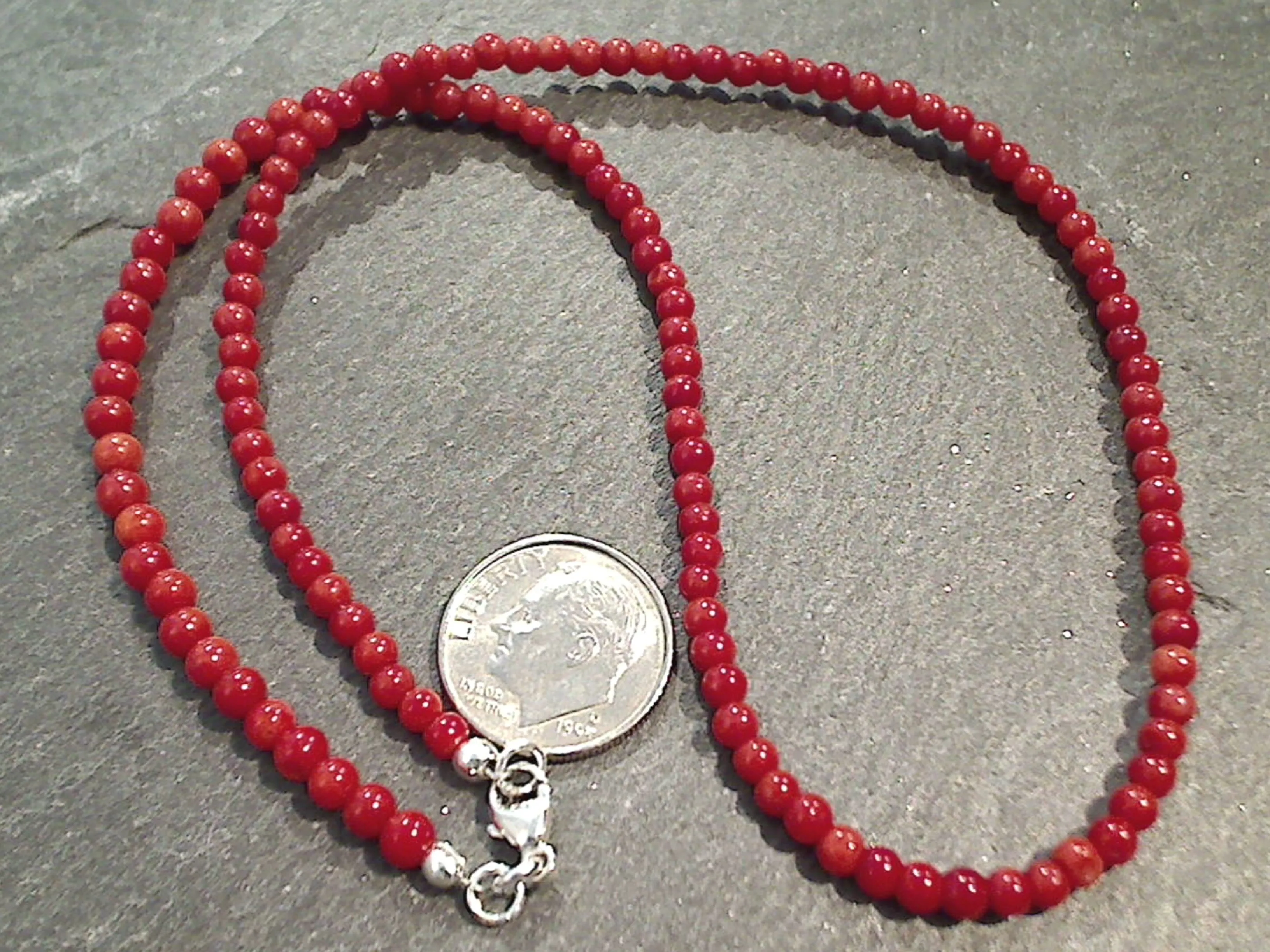 16" Red Coral, Sterling Silver 3MM to 4MM Necklace