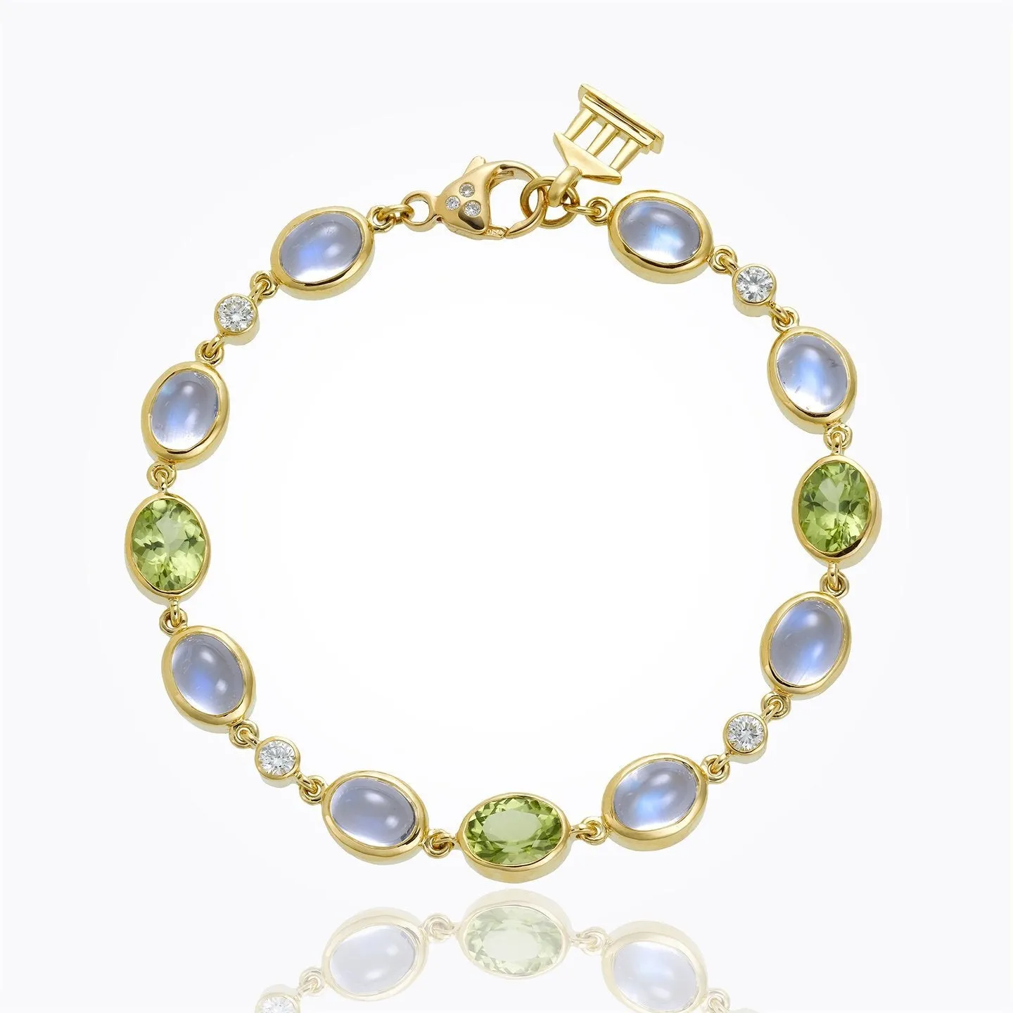 18K Oval Bracelet with faceted peridot, Royal Blue Moonstone and diamond