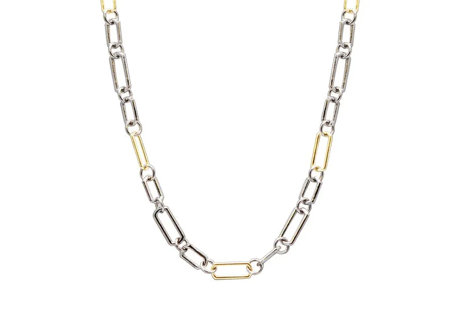 18K Yellow Gold and Grey sterling Silver Alternating Small Paperclip Chain Link Necklace with Toggle Closure. Adjustable at 16", 17" and 18".