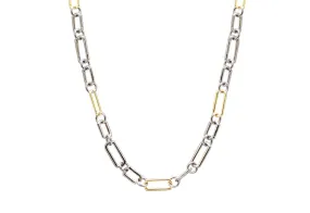 18K Yellow Gold and Grey sterling Silver Alternating Small Paperclip Chain Link Necklace with Toggle Closure. Adjustable at 16", 17" and 18".