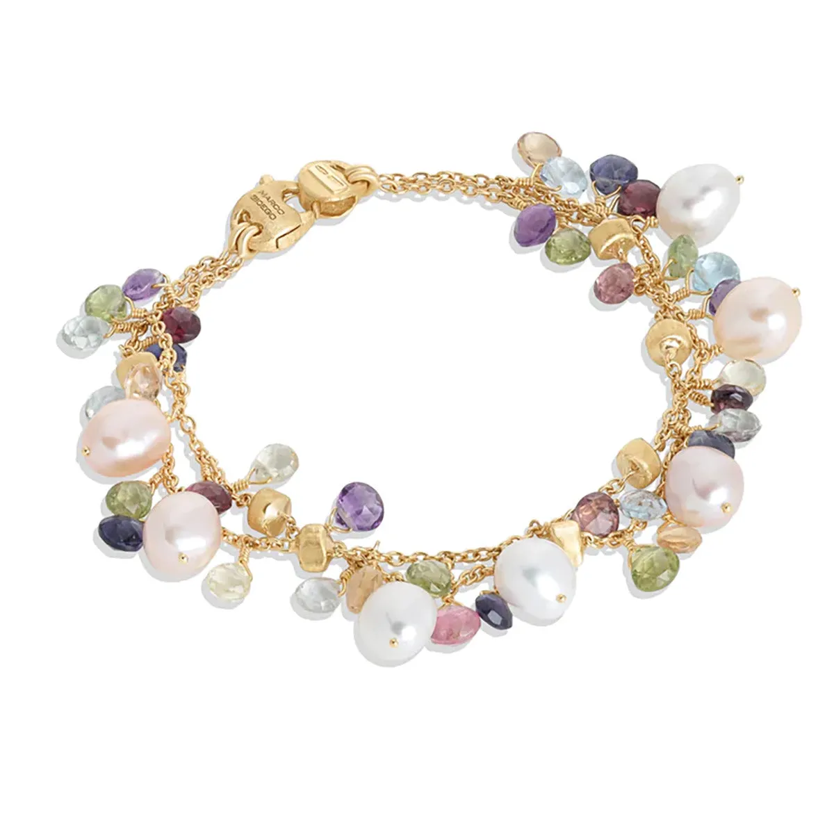 18K Yellow Gold Mixed Gemstone and Pearl Double Strand Bracelet