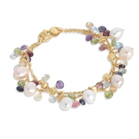 18K Yellow Gold Mixed Gemstone and Pearl Double Strand Bracelet