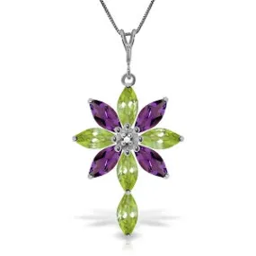 2 Carat 14K Solid White Gold Necklace Diamond, Peridot Amethyst