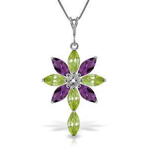 2 Carat 14K Solid White Gold Necklace Diamond, Peridot Amethyst