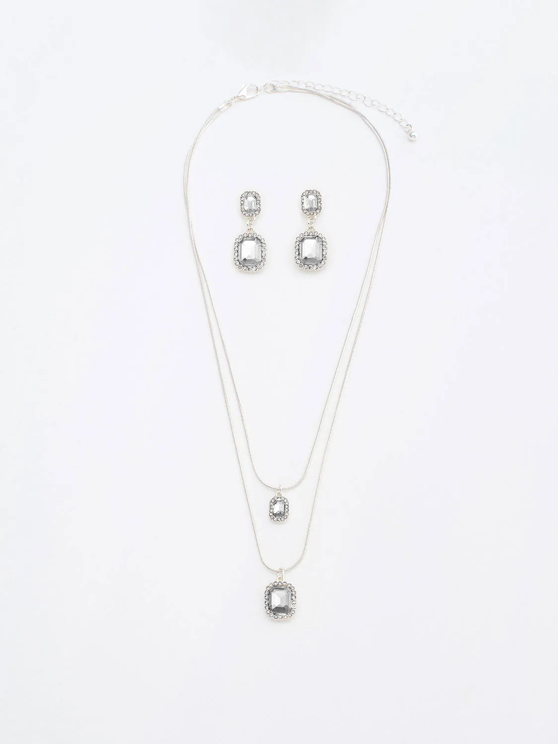 2-Layer Square Gem Earring & Necklace Set