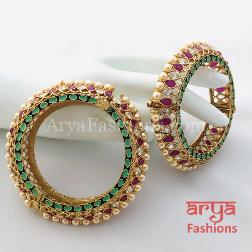 2.4,2.6,2.8 Bridal Kundan Gajra pair of 2 in Mint Green Meenakari and Ruby Stones