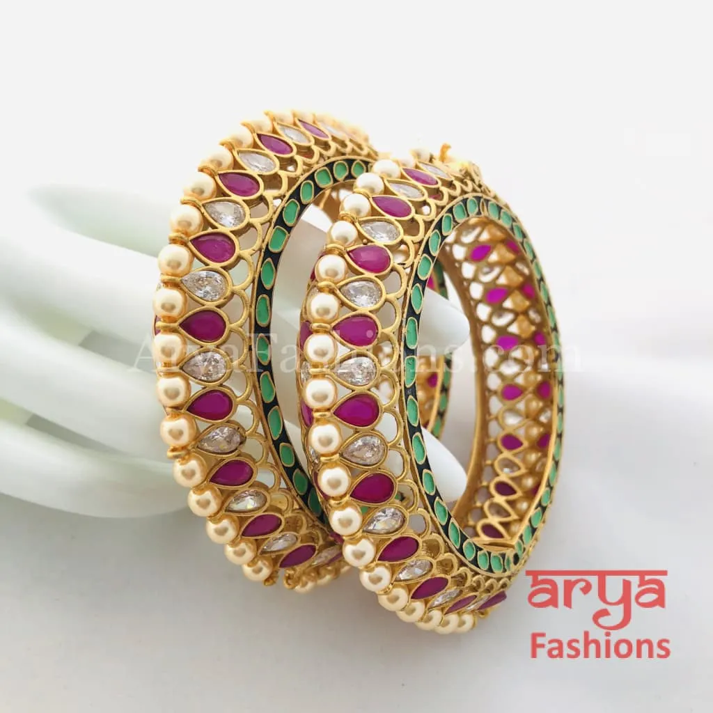 2.4,2.6,2.8 Bridal Kundan Gajra pair of 2 in Mint Green Meenakari and Ruby Stones