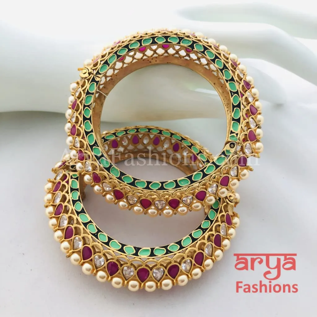 2.4,2.6,2.8 Bridal Kundan Gajra pair of 2 in Mint Green Meenakari and Ruby Stones