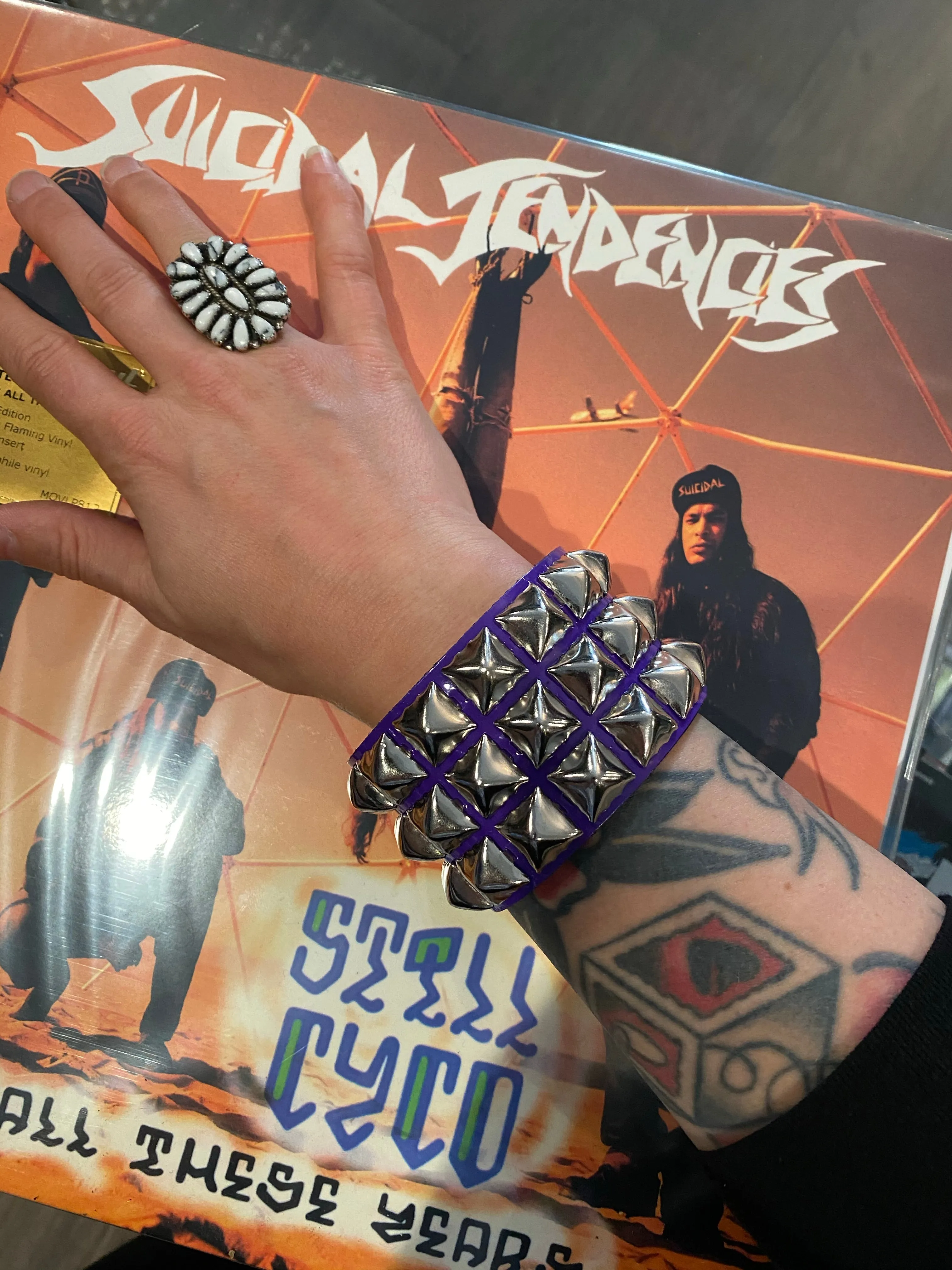 3 Row Purple Pyramid Stud Wristband