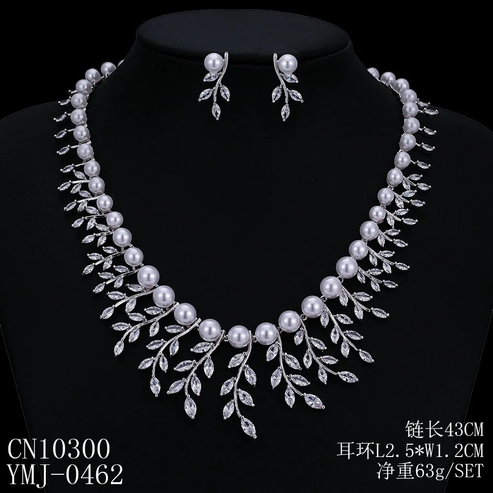 5A Cubic Zirconia Leaves Pearls Necklace Earring Set for women  CN10300