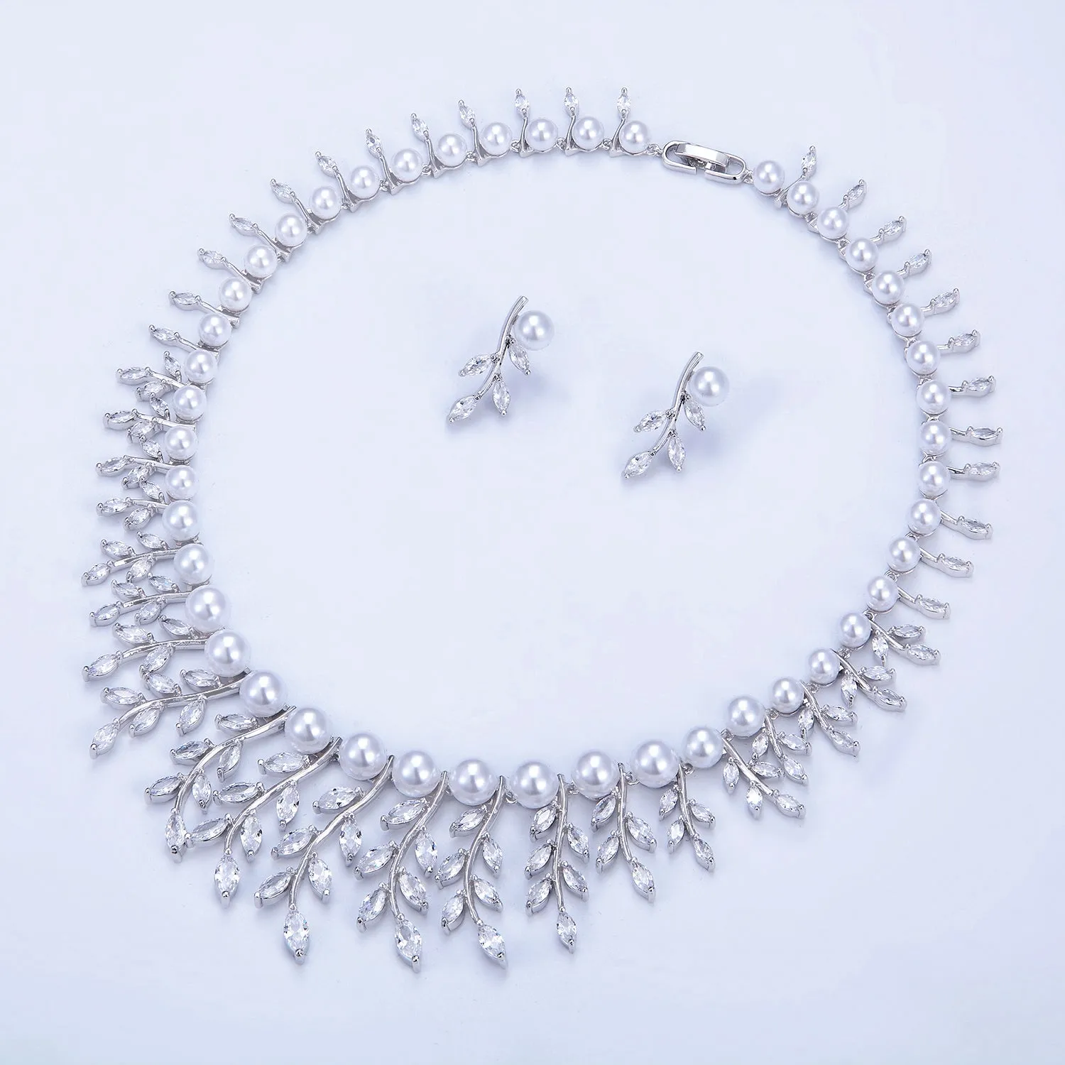 5A Cubic Zirconia Leaves Pearls Necklace Earring Set for women  CN10300