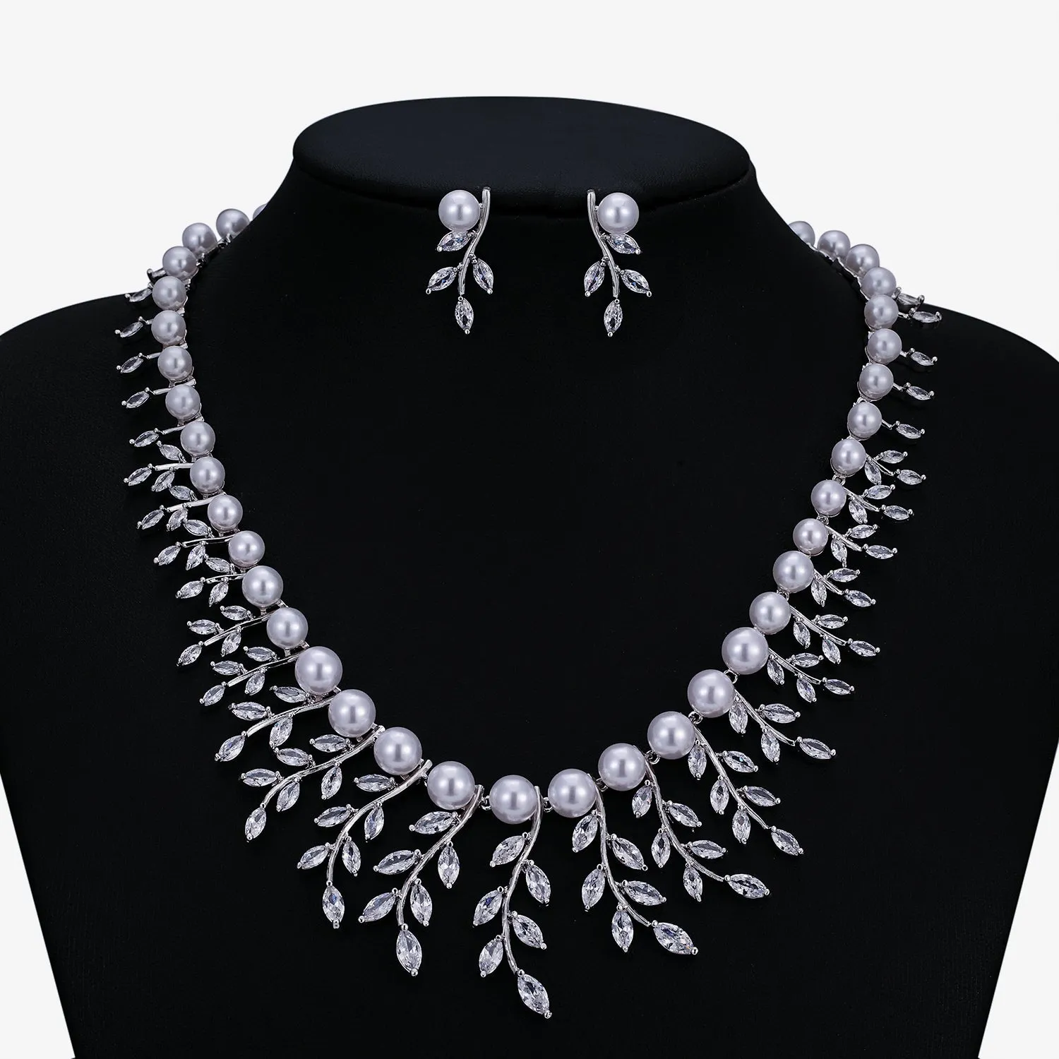 5A Cubic Zirconia Leaves Pearls Necklace Earring Set for women  CN10300