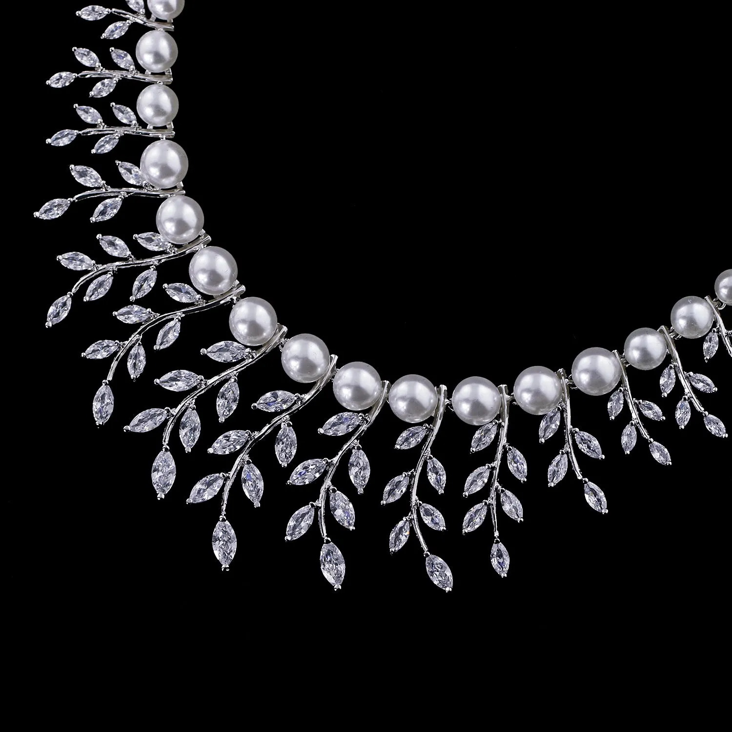 5A Cubic Zirconia Leaves Pearls Necklace Earring Set for women  CN10300