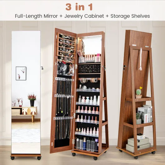 64 Inches Lockable Jewelry Cabinet Armoire with Built-in Makeup Mirror-Brown