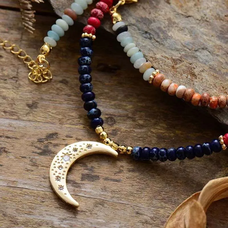 7 Chakra Moon Necklace - Bohemian Ethnic Yoga Jewelry with Semi-Precious Stones