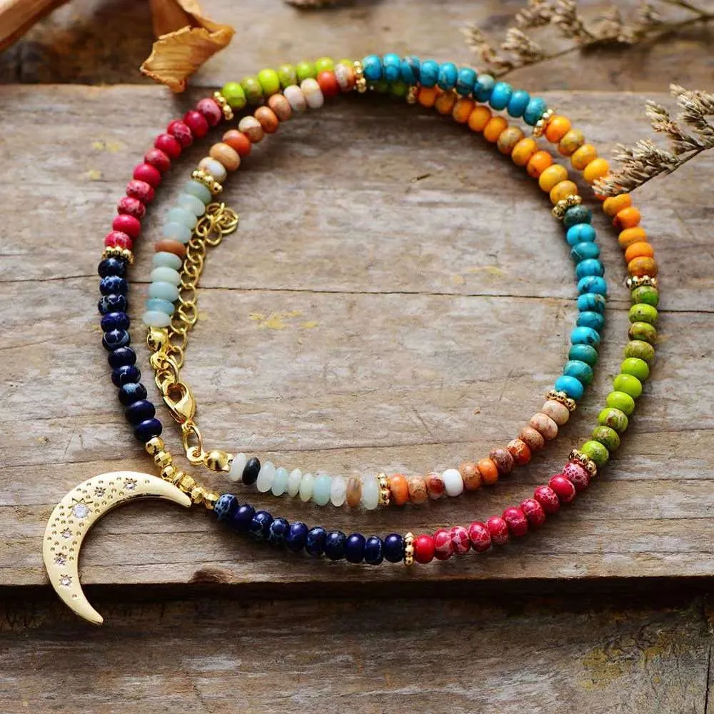 7 Chakra Moon Necklace - Bohemian Ethnic Yoga Jewelry with Semi-Precious Stones