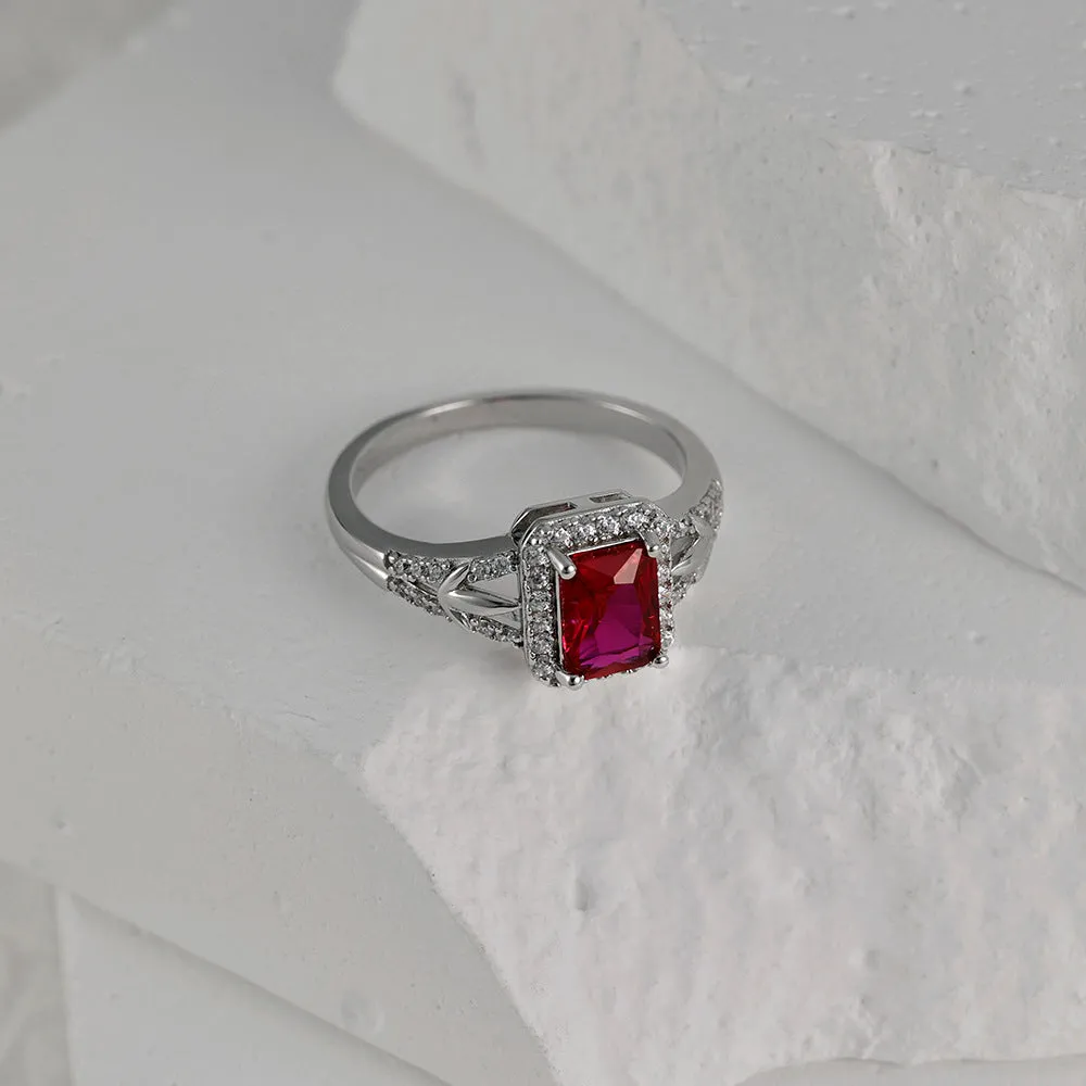 7*5mm Rectangle Red Corundum Soleste Halo Silver Ring for Women