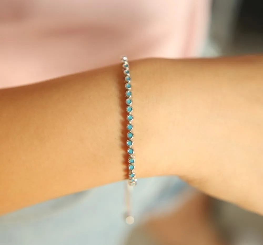 925 Sterling Silver Blue Turquoises Bezel Bracelets Charm Jewelry