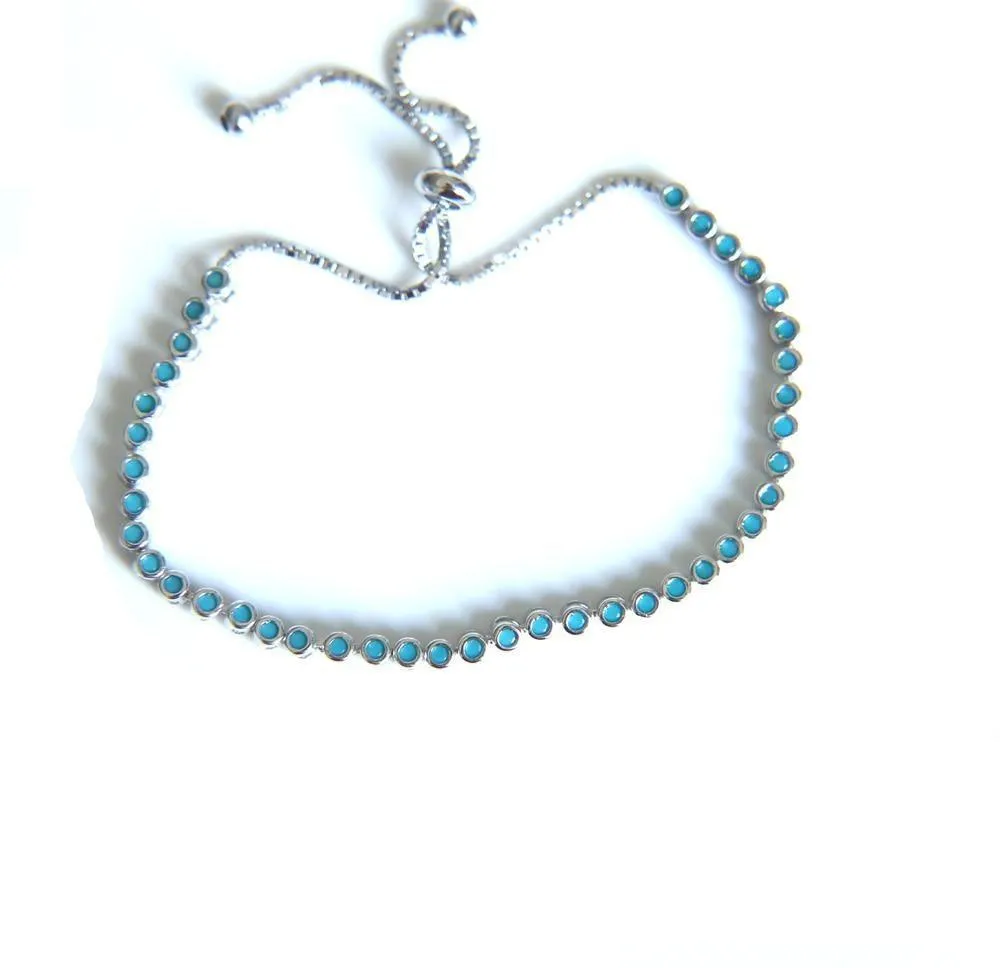 925 Sterling Silver Blue Turquoises Bezel Bracelets Charm Jewelry