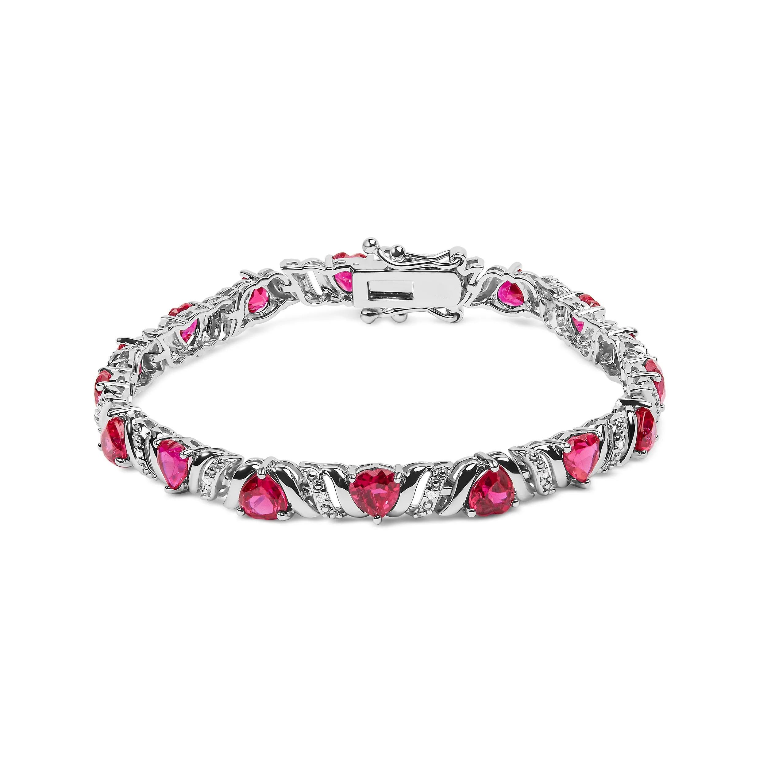 .925 Sterling Silver Created Heart Shape Red Ruby and White Diamond Accent Link Bracelet- 7.25" Inches