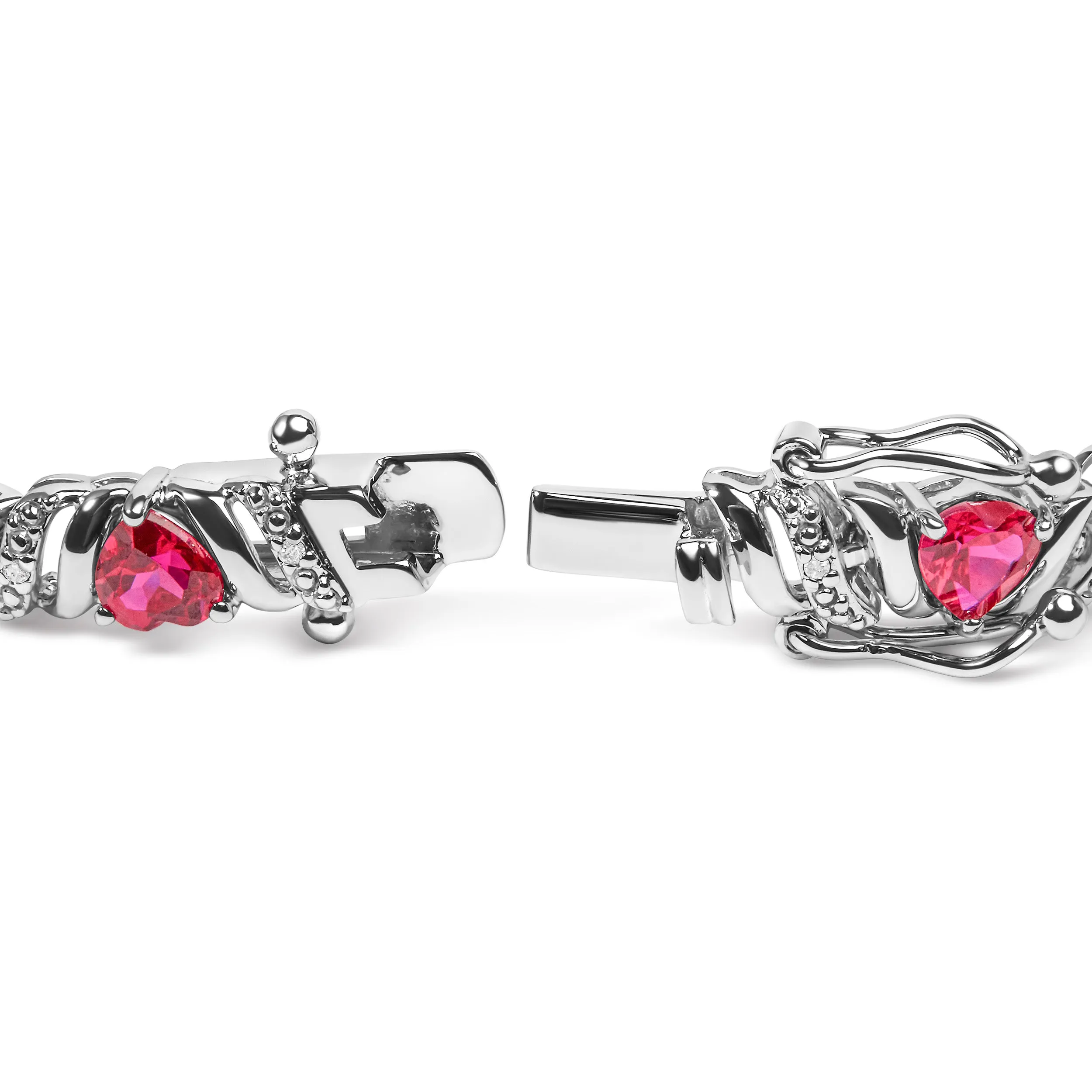 .925 Sterling Silver Created Heart Shape Red Ruby and White Diamond Accent Link Bracelet- 7.25" Inches