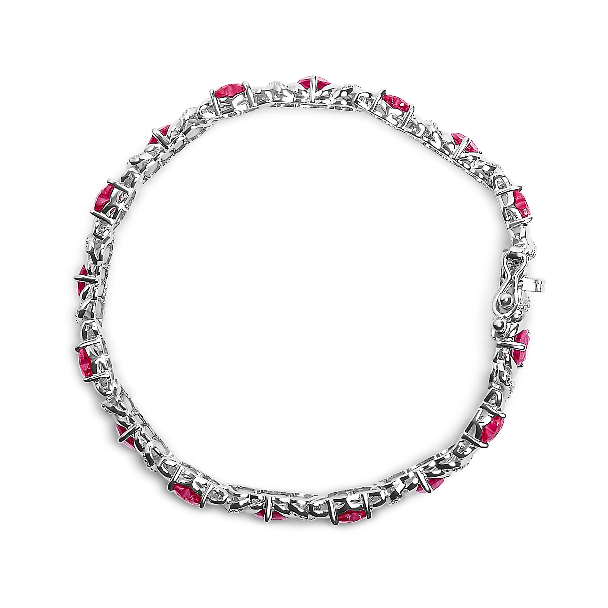 .925 Sterling Silver Created Heart Shape Red Ruby and White Diamond Accent Link Bracelet- 7.25" Inches