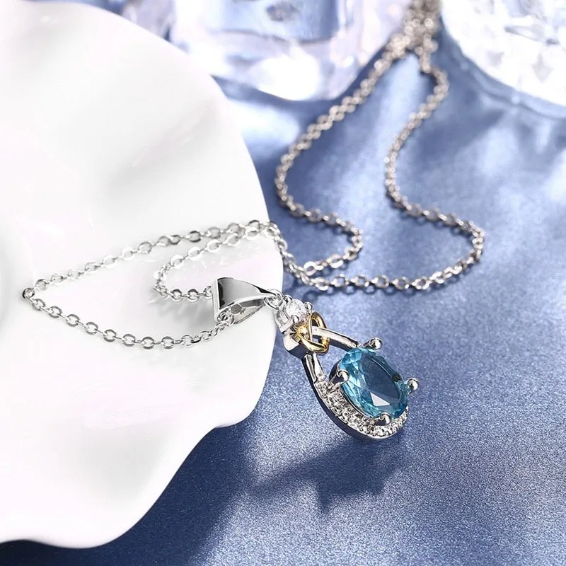 925 Sterling silver Jewelry Water Drop Necklace & Pendant Blue Stone CZ Engagement Wedding Necklace for Women