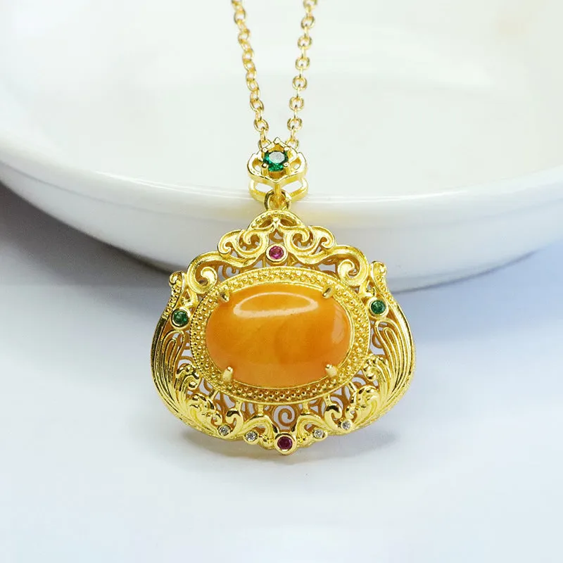 Amber Beeswax Pendant Sterling Silver Necklace With Zircon Accents and Amber Bead