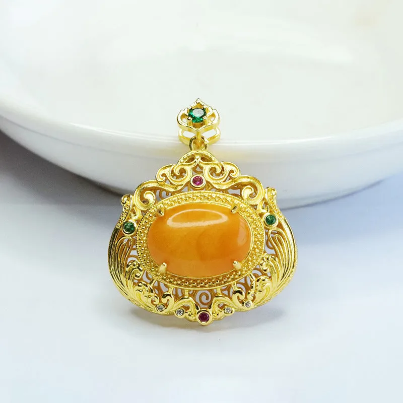 Amber Beeswax Pendant Sterling Silver Necklace With Zircon Accents and Amber Bead