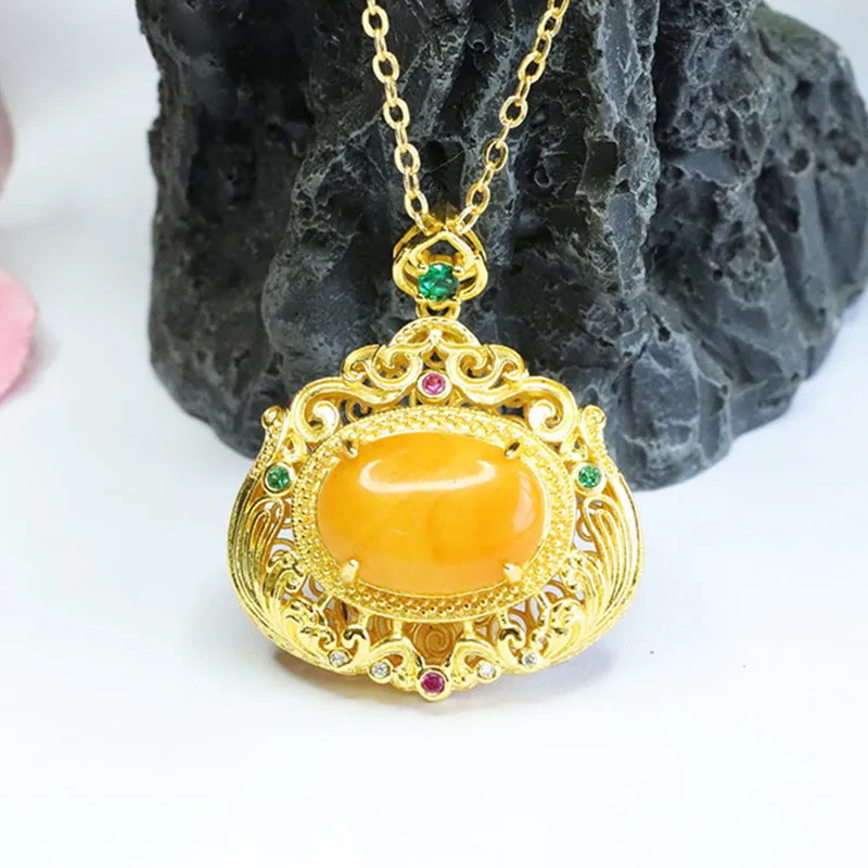 Amber Beeswax Pendant Sterling Silver Necklace With Zircon Accents and Amber Bead