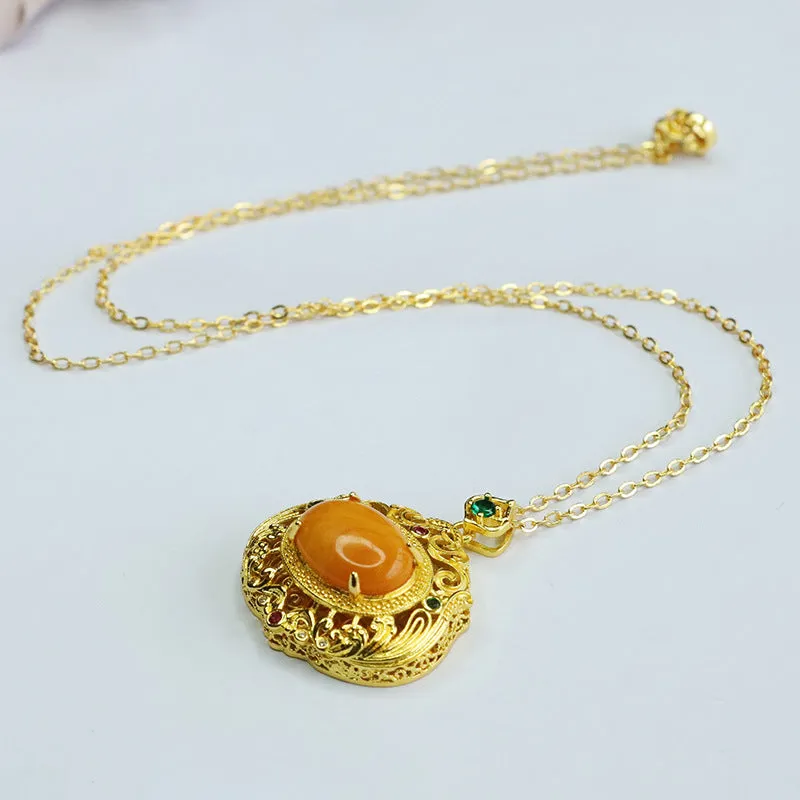 Amber Beeswax Pendant Sterling Silver Necklace With Zircon Accents and Amber Bead