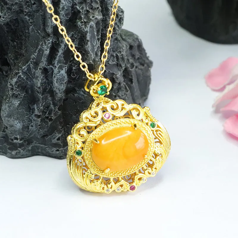 Amber Beeswax Pendant Sterling Silver Necklace With Zircon Accents and Amber Bead