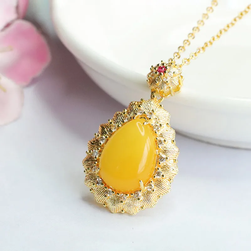 Amber Flower Necklace with Zircon Accents