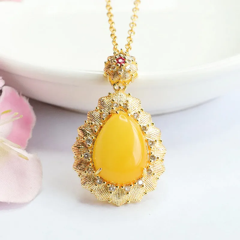 Amber Flower Necklace with Zircon Accents