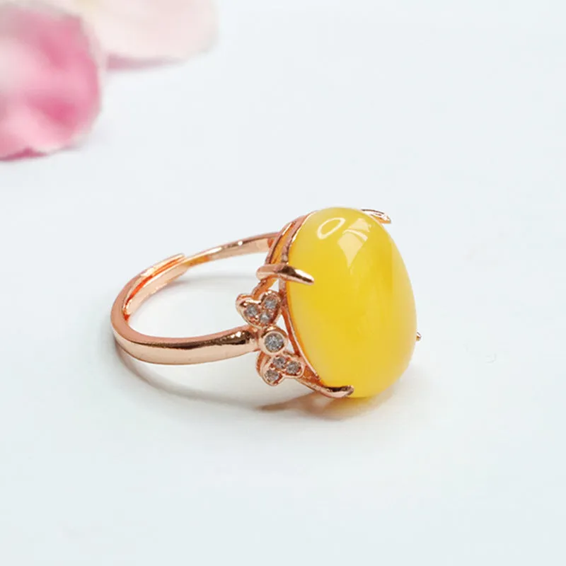 Amber Zircon Bow Ring with Natural Beeswax Yellow Tones